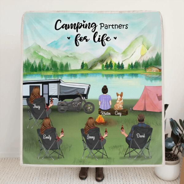 Personalized Camping Blanket - Gift For The Whole Family, Camping Lovers With 4 Adults, 1 Kid & 1 Pet - Camping Partner For Life