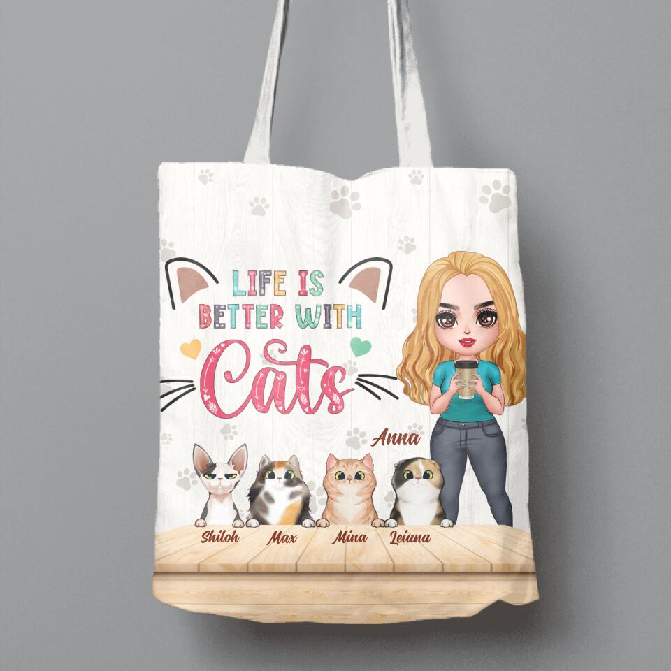 Personalized Cat Mom Chibi Canvas Bag - Gift Idea For Mother's Day/Cat Lovers With Up to 6 Cats -Life Is Better With Cats