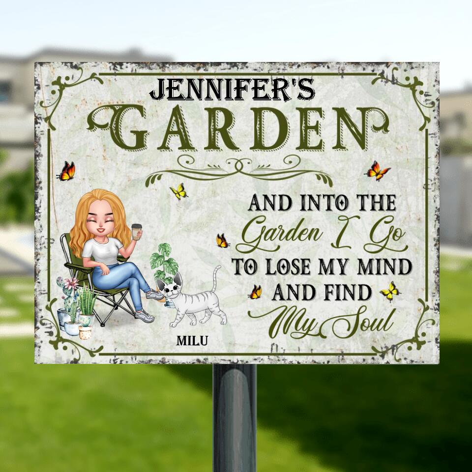 Personalized Garden Cat Metal Sign - Gift Idea For Garden/Cat Lovers - And Into The Garden I Go To Lose My Mind And Find My Soul - Up to 6 Cats