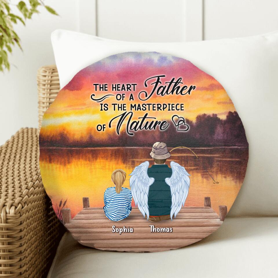 Personalized Father Fishing Round Pillow - Gift Idea For Father/Fishing Lover - Father With Up to 2 Kids And 2 Pets - The Heart Of A Father Is The Masterpiece Of Nature