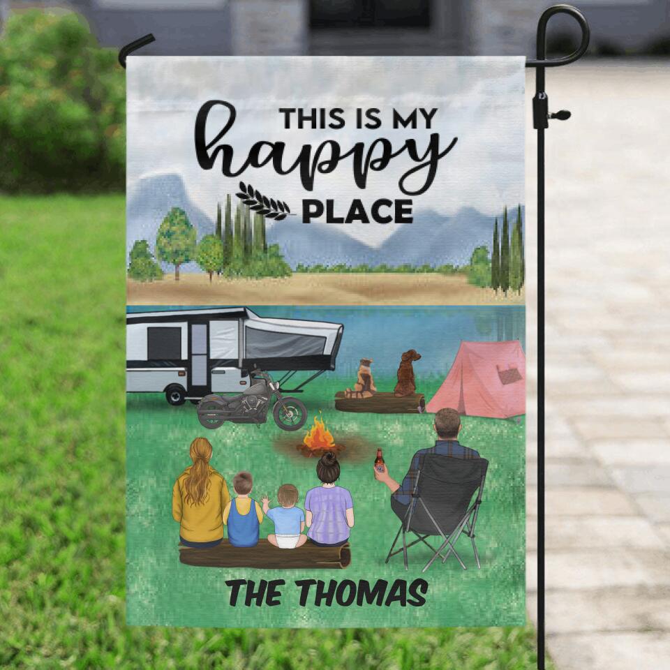 Personalized Father's Day Camping Garden Flag - Single Man/Woman With Up To 4 Kids And 2 Pets - This Is My Happy Place