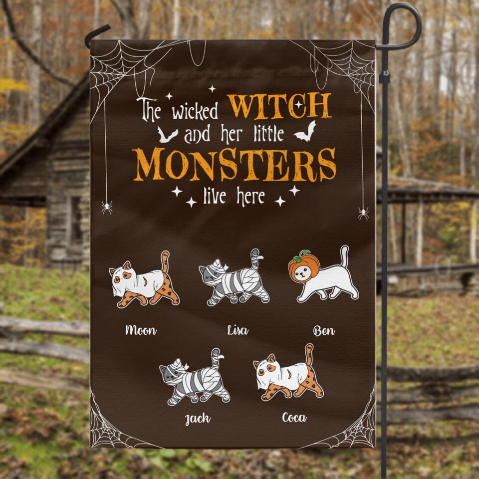 Personalized Halloween Cats Flag Sign - Up to 5 Cats - The Wicked Witch And Her Little Monsters Live Here