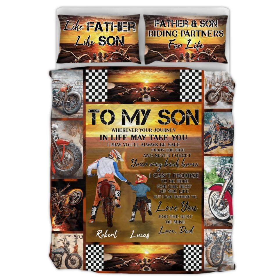 Personalized Father & Son Biker Quilt Bed Sets - Gift Idea For Bike Lovers From Father To Son - To My Son