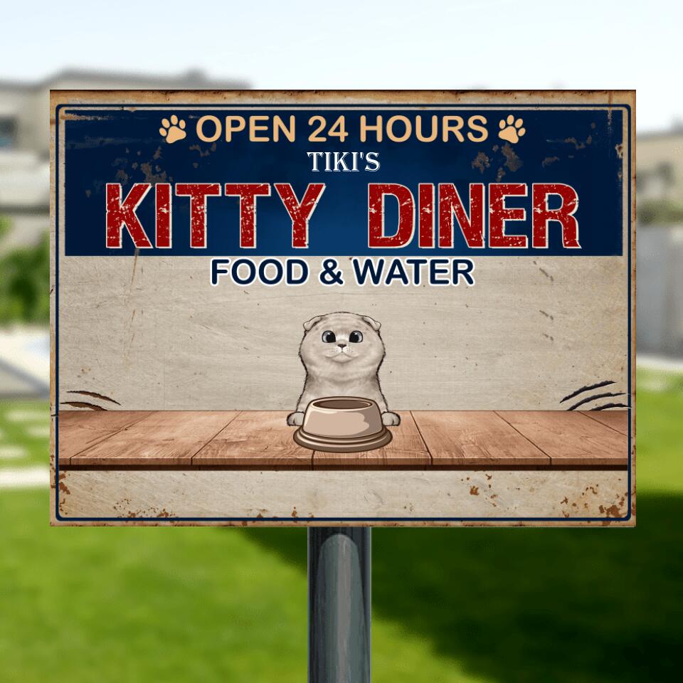 Personalized Kitty Diner Metal Sign - Up to 5 Cats - Gift Idea For Cat Lover - Open 24 Hours Kitty Diner Food & Water