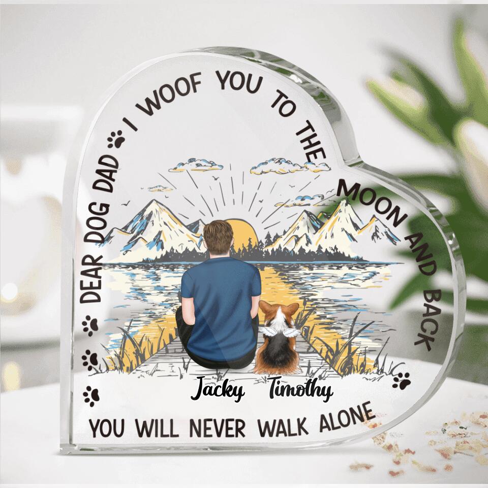 Personalized Dog Dad Heart-Shaped Acrylic Plaque - Up to 5 Dogs - Gift Idea for Father's Day/Dog Lover - I Woof You To The Moon And Back