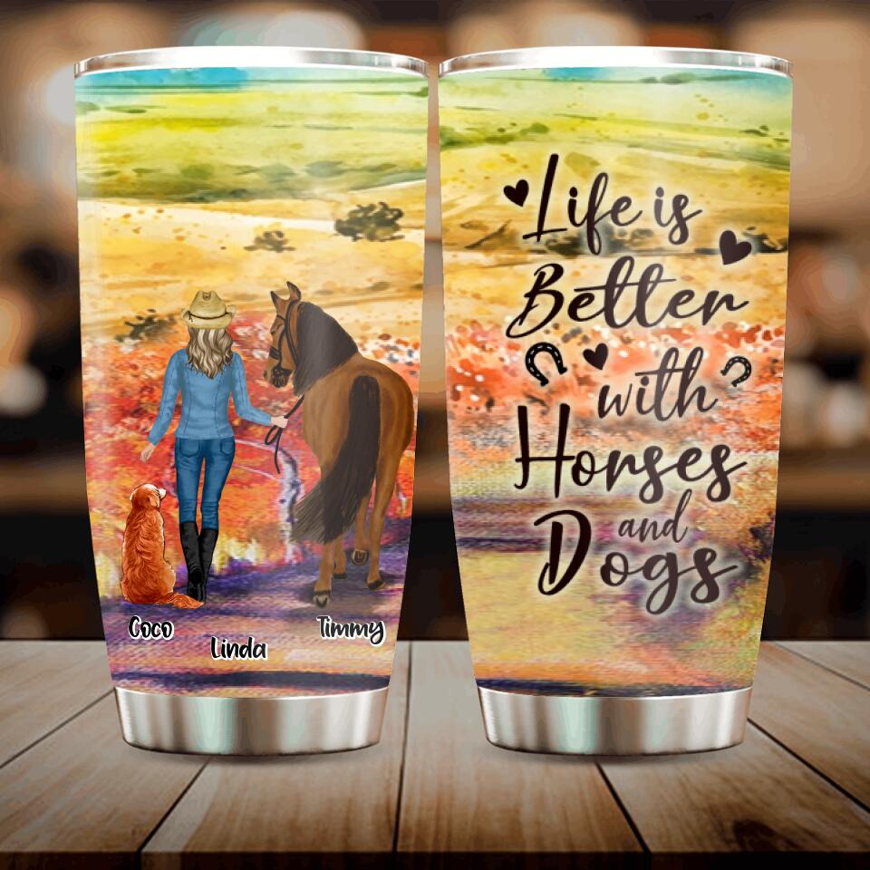 Personalized Horse And Dog Tumbler - Man/Woman/Girl/Boy With Up to 2 Horses And 4 Dogs - Gift For Horse/Dog Lover