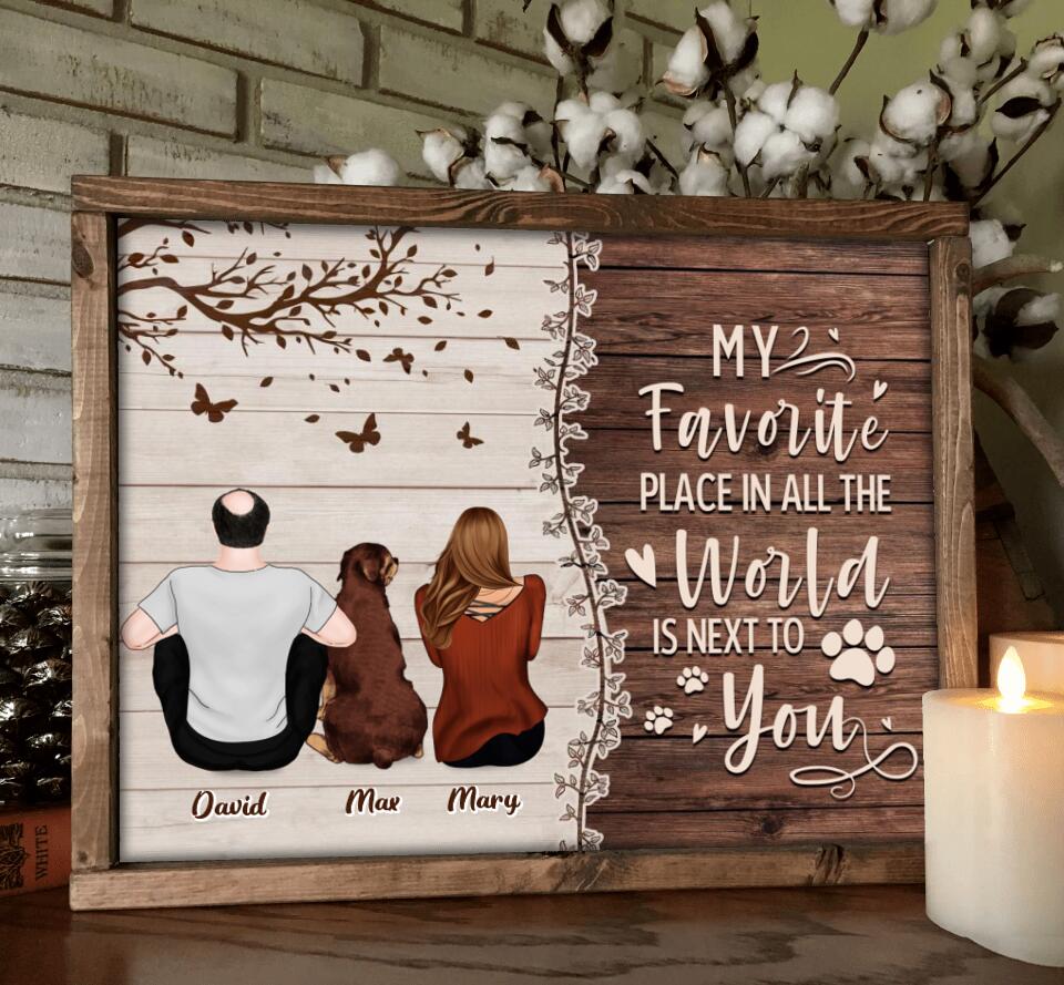 Personalized Couple Sitting With Dogs Back View Poster - Up to 4 Dogs - Gift Idea For Couple/Dog Lovers - My Favorite Place In All The World Is Next To You