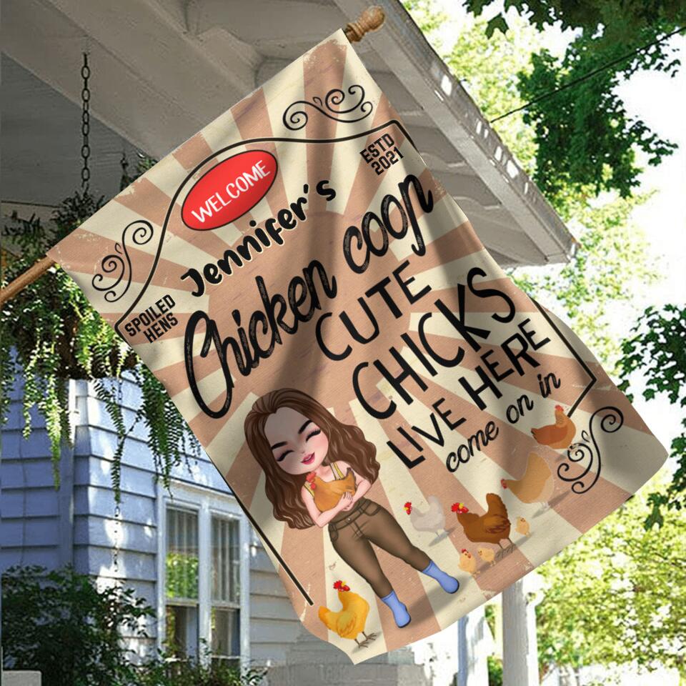 Personalized Cute Chicks Live Here Flag Sign - Chicken Coop Decor Gift For Couple/Chicken Lover