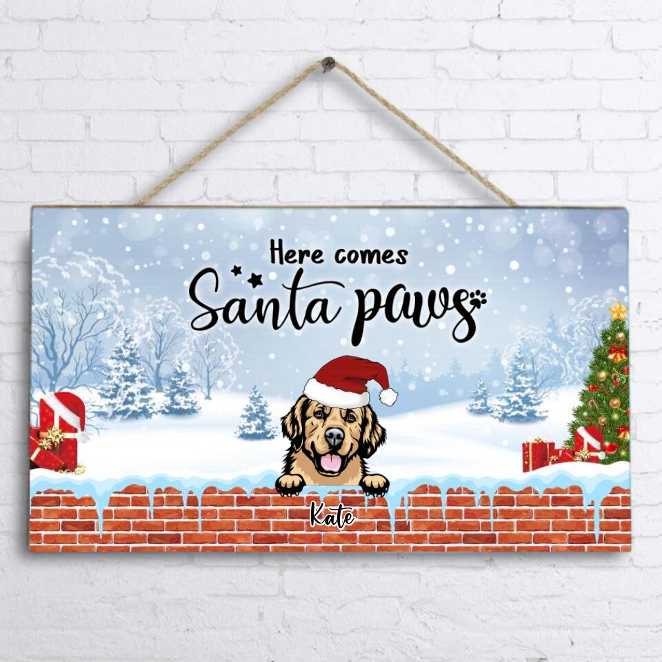 Personalized Dog In Chimney Rectangle Doorsign - Up to 6 Dogs - Christmas Gift For Dog Lover - Here Comes Santa Paws - K6SJV1