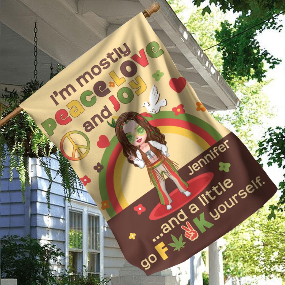 Personalized Chibi Girl Flag Sign - Gift Idea For Best Friend/Birthday - I'm Mostly Peace Love And Joy