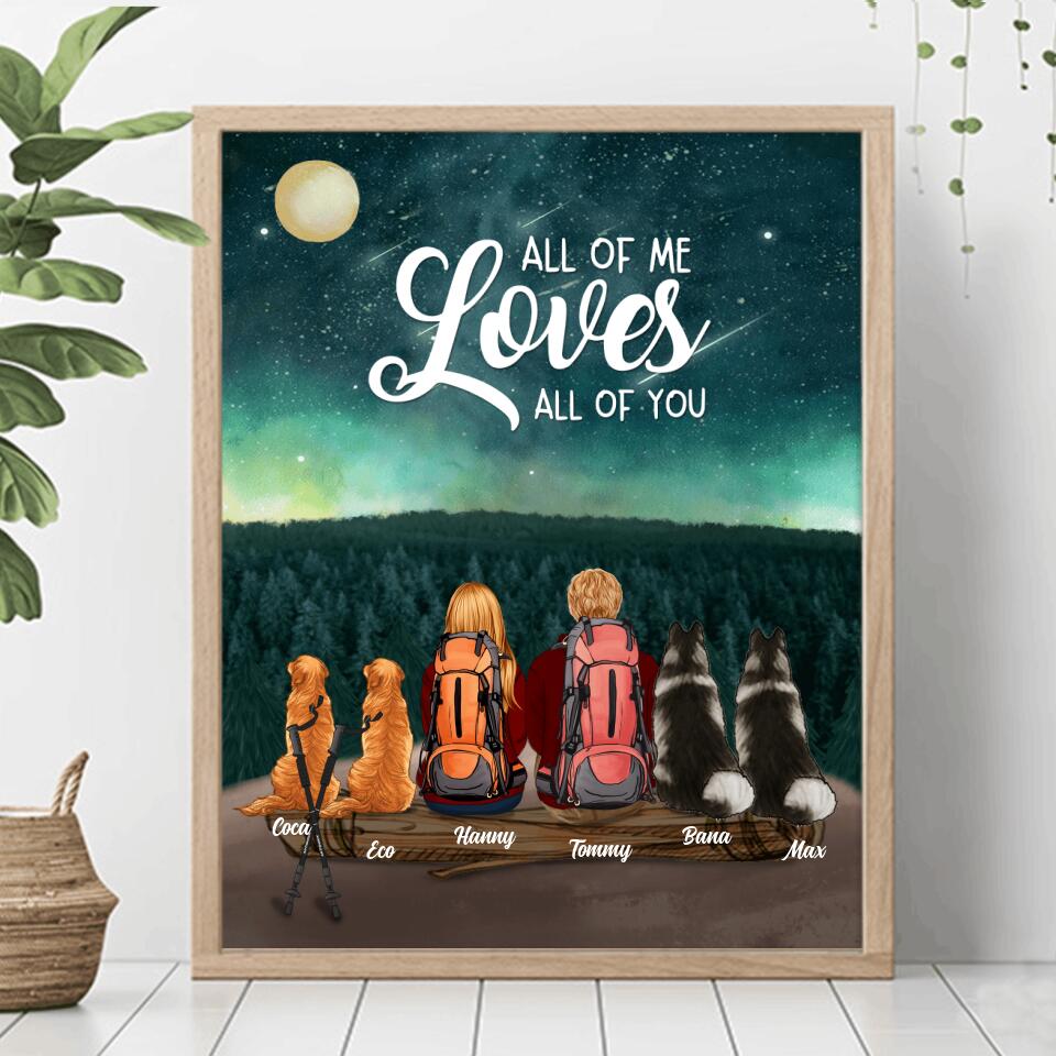 Personalized Camping Poster - Gift for Couples, Camping Lovers, Dog Lovers - Camping Couple and Dogs Poster - Up to 4 Dogs - All of me loves all of you