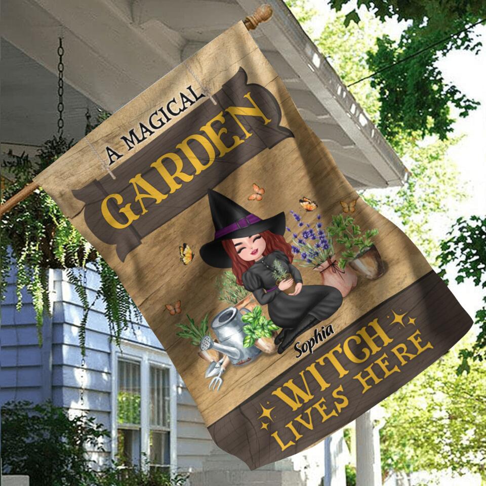 Personalized Garden Witch Flag Sign - Gift Idea For Halloween/Wiccan Decor/Pagan Decor - A Magical Garden Witch Lives Here