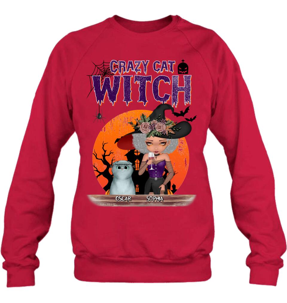 Personalized Crazy Cat Witch T-Shirt - Up to 4 Cats - Halloween Gift Idea For Cat Lovers