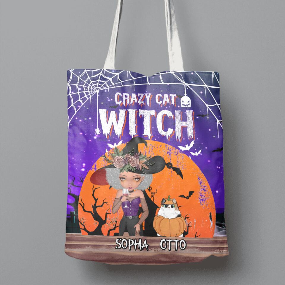 Personalized Crazy Cat Witch Canvas Bag - Up to 4 Cats - Halloween Gift Idea For Cat Lovers
