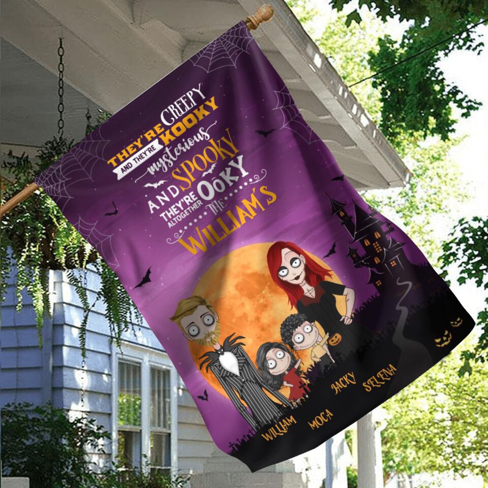 Personalized Creepy Family Flag Sign - Couple With Up to 2 Kids - Halloween/Welcome Gift Idea For Family - They're Creepy They're Kooky Mysterious And Spooky They're Altogether Ooky