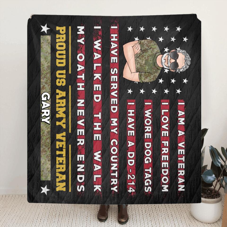 Personalized Proud US Veteran Quilt/Fleece Blanket - Gift Idea For Veteran/Father/Grandpa