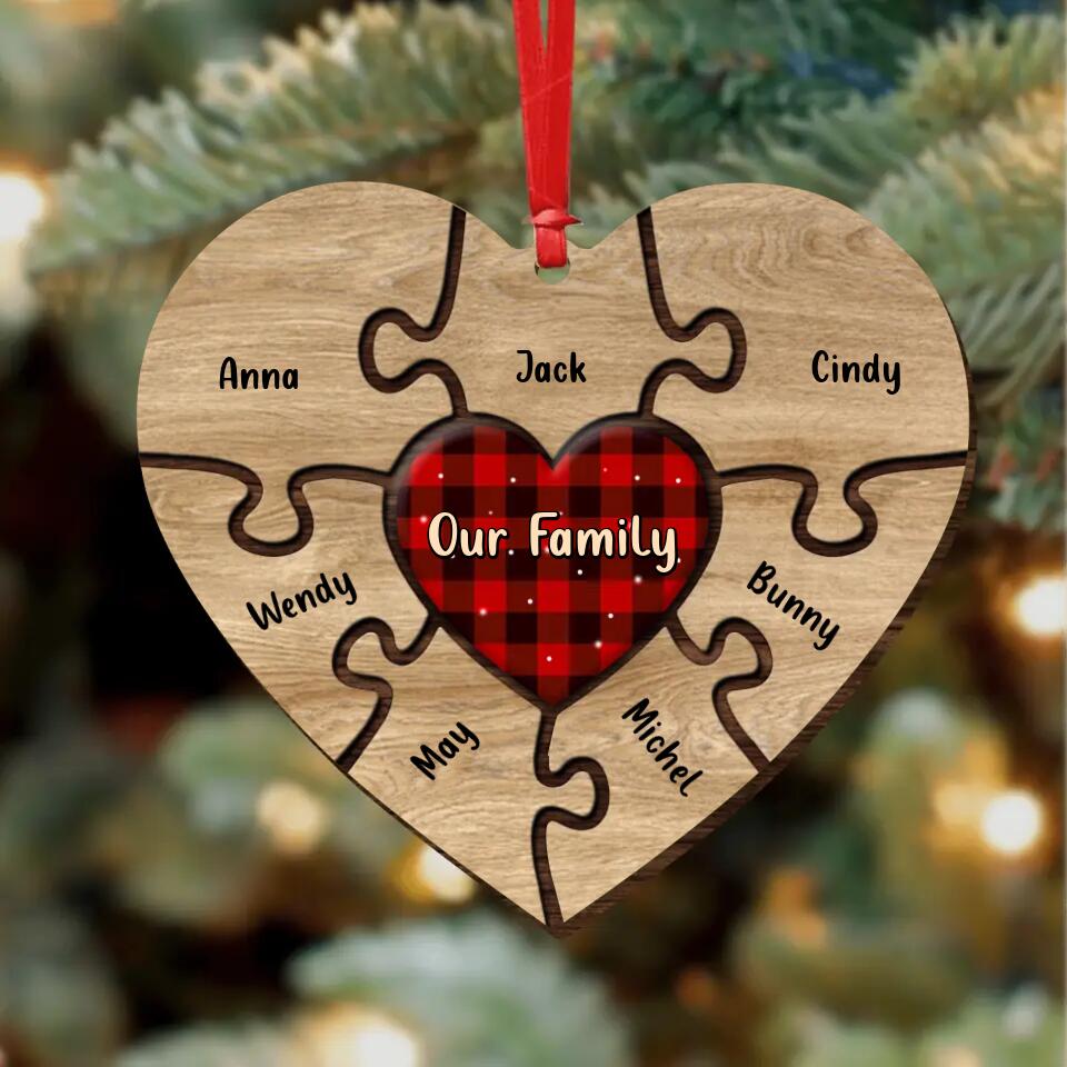 Personalized Family Heart Wooden Ornament - Up to 7 Children - Gift Idea For Family