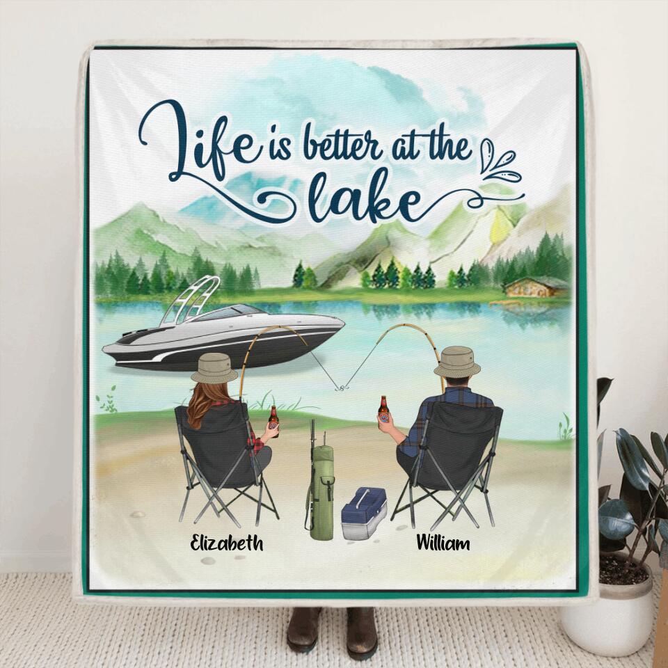 Personalized Fishing Family Quilt/Fleece Blanket/Pillow Cover - Parents With Up to 4 Kids - Gift For Whole Family - Life Is Better At The Lake