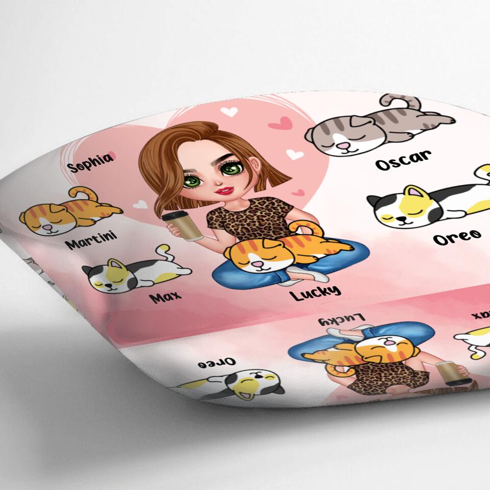 Personalized Cat Mom Pillow Cover - Gift Idea For Cat Owner with up to 5 Cats - Her Cats Were Asleep On Her Lap