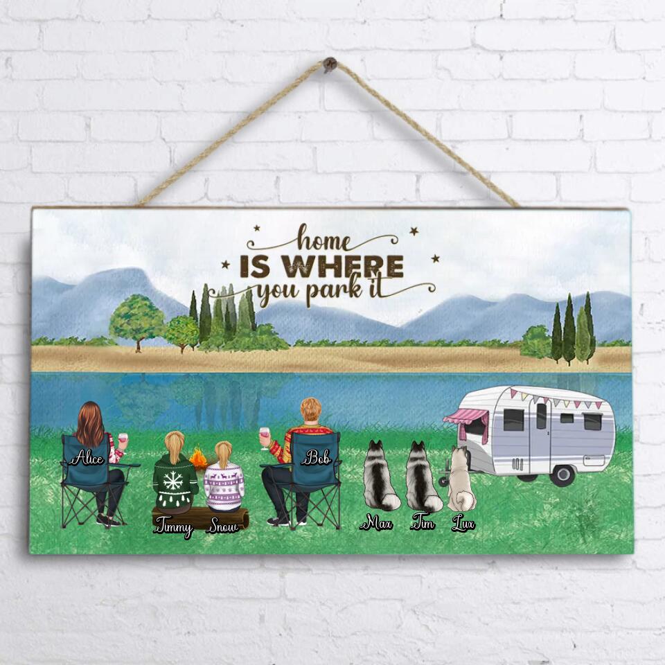 Personalized Camping Wooden Sign - Adult/Couple Single Parent/Parents With Up to 2 Kids And 3 Pets - Gift Idea For Couple/Camping Lover - Home Is Where You Park It