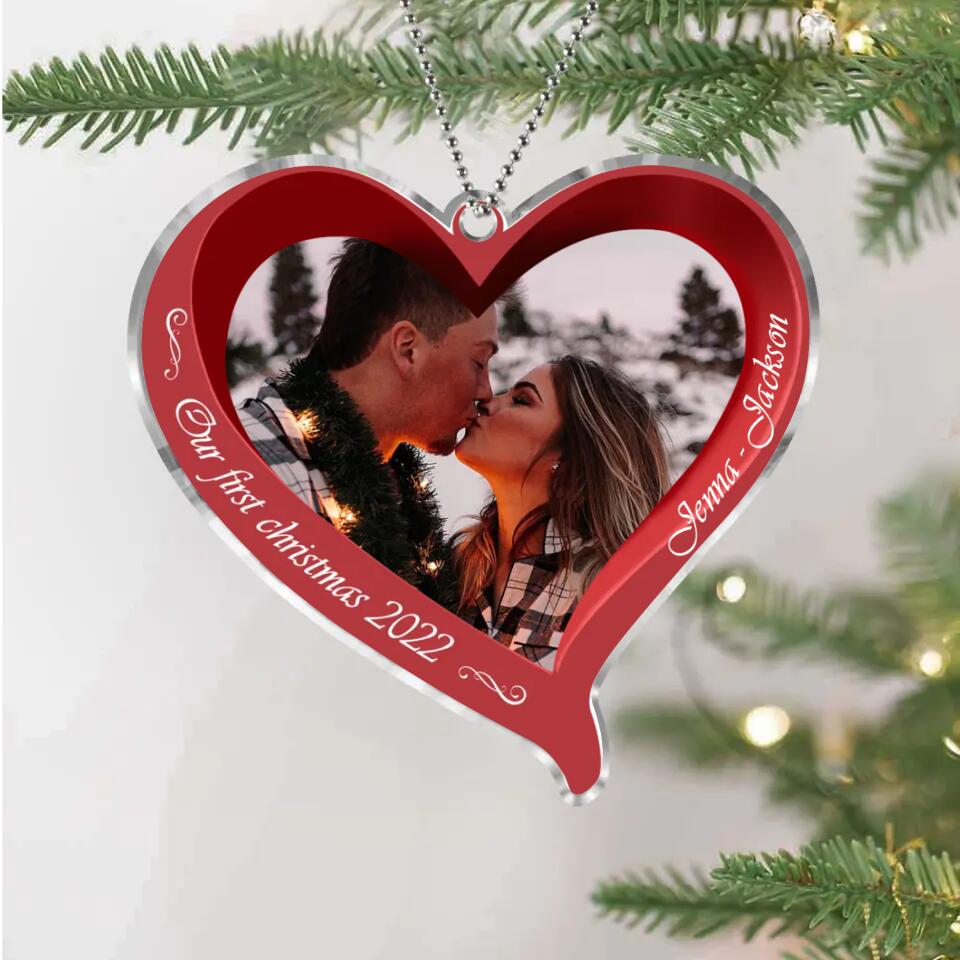 Personalized Couple Photo Heart Acrylic Ornament - Christmas Gift Idea For Couple - Our First Christmas