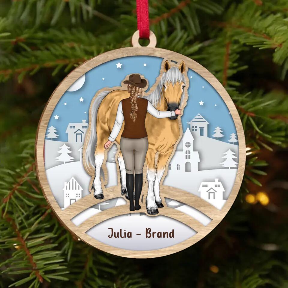 Personalized Horse Girl Standing Circle Wooden Ornament - Christmas Gift Idea For Horse Lover