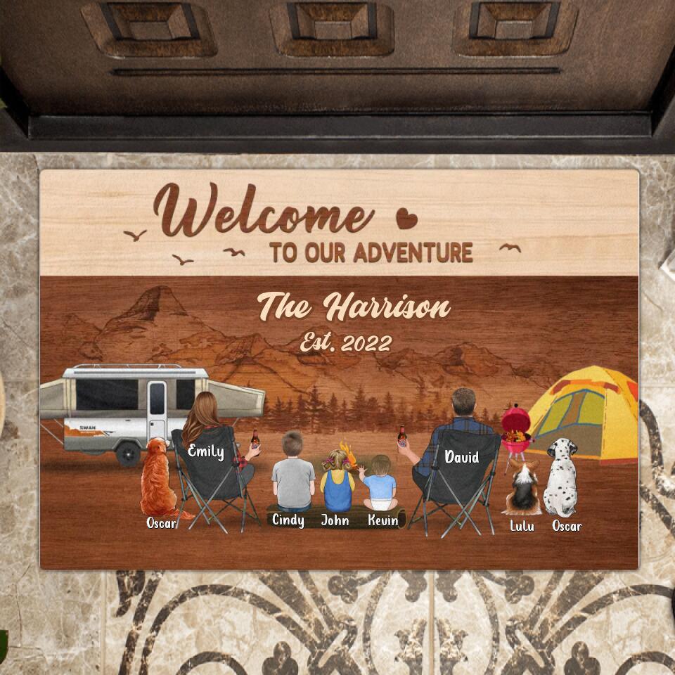 Personalized Camping Family Doormat - Couple/Parents/Single Parent With Up to 3 Kids And 3 Pets - Gift Idea For Family/ Camping/ Dog/Cat Lovers - Welcome To Our Adventure