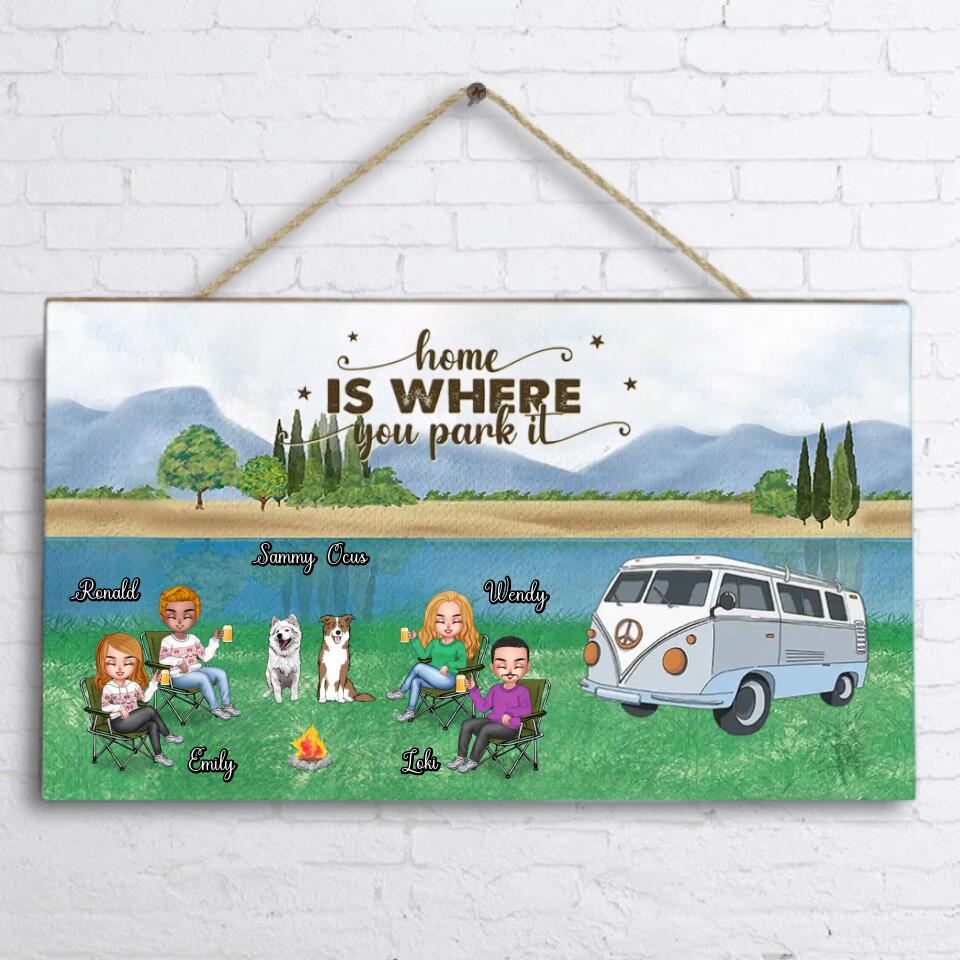 Personalized Camping Wooden Sign - Up to 4 People and 2 Pets - Gift Idea For Couple/Camping/Dog/Cat Lovers - Home Is Where You Park It