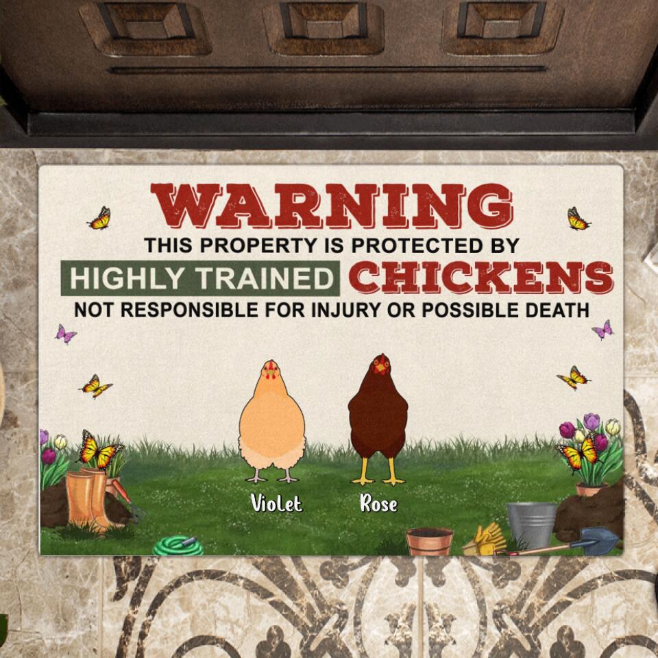 Personalized Chicken Doormat - Up to 7 Chickens - Gift Idea For Chicken Lovers - Warning This Property Is Protected By Highly Trained Chickens Not Responsible For Injury Or Possible Death