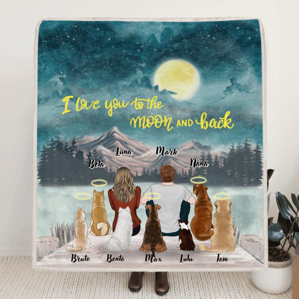 Personalized Couple Dog Quilt/Fleece Blanket - Up to 7 Dogs - Best Gift For Couple/Dog Lover - I Love You To The Moon And Back