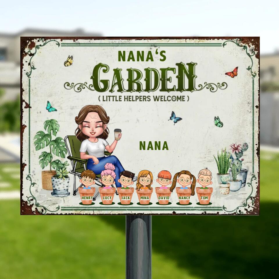 Personalized Grandma Garden Metal Sign - Gift Idea For Gardener/Grandma/Mother's Day - Up to 7 Kids - Nana's Garden( Little Helpers Welcome)