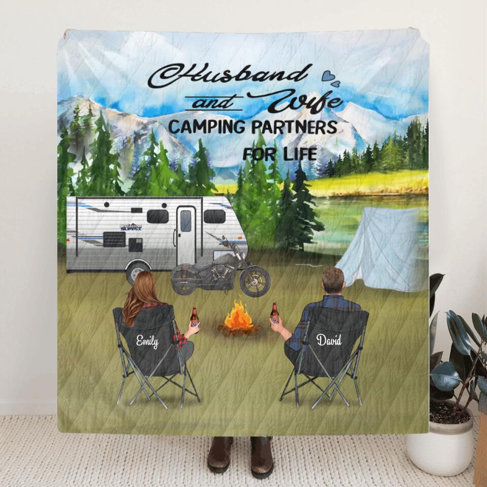Personalized Camping Quilt - Parents with Kids and Pets - Father's day/Mother's day gift - Husband and Wife Camping Partners For Life - Full Option