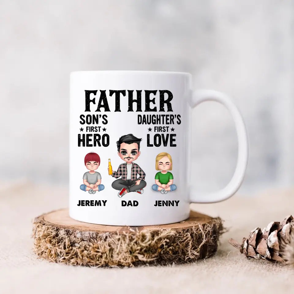 Personalized Dad Coffee Mug - Up to 6 Kids - Father's Day Gift Idea for Dad - Father Son's First Hero Daughter's First Love