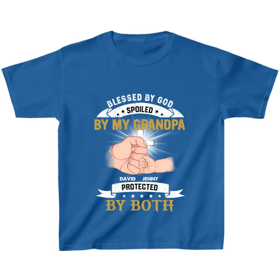 Personalized Grandkids Kid T-Shirt - Up to 5 Kids - Gift Idea For Grandma/Grandpa - Blessed By God Spoiled By My Grandpa Protected By Both