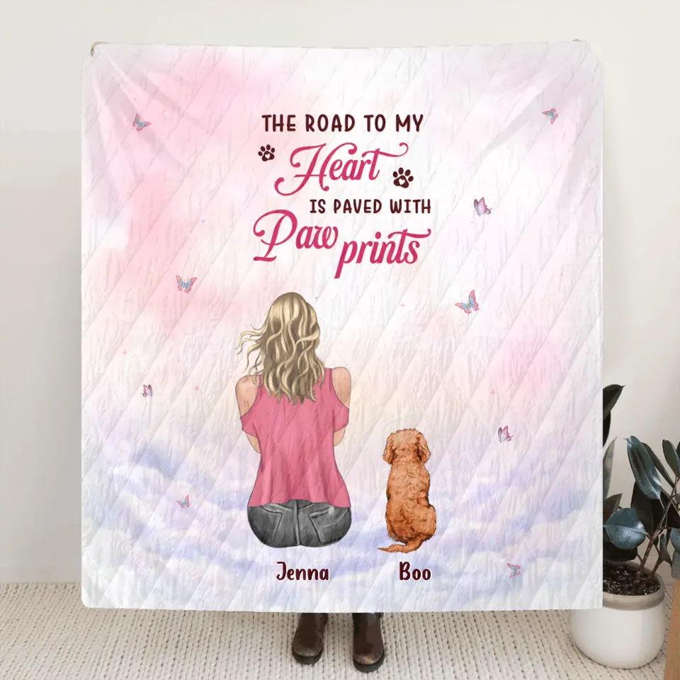 Personalized Dog Mom Pillow Cover/Quilt/Fleece Throw Blanket - Up to 5 Dogs - Gift Idea For Dog Lovers - The Road To My Heart Is Paved With Paw Prints