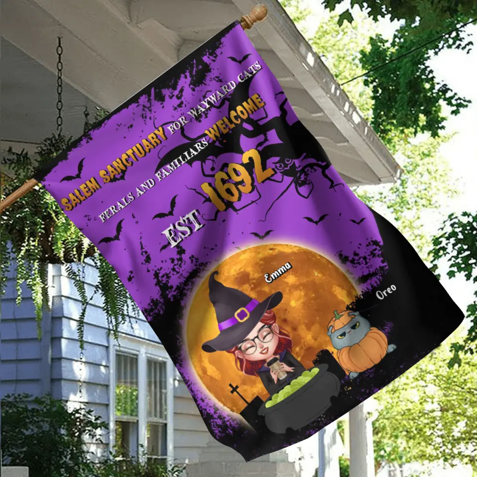 Personalized Wicked Witch Flag Sign - Halloween Gift For Couple/Dog/Cat Lovers - Adult/Couple With Up to 4 Pets - Salem Sanctuary For Wayward Cats Ferals And Familiars Welcome Est 1692