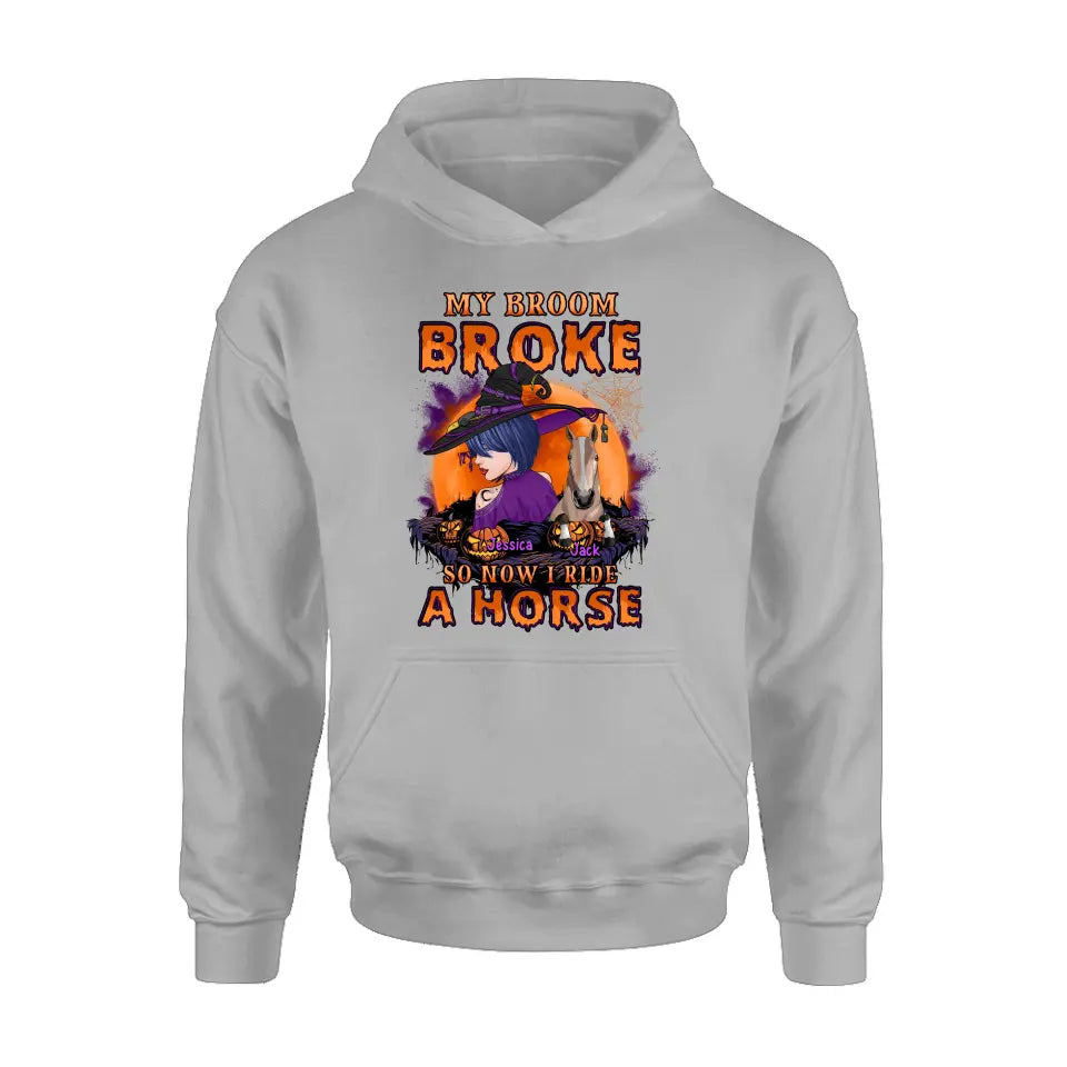 Personalized Witch Shirt/Hoodie - Up to 2 Horses/Dogs/Cats - Halloween Gift Idea for Horse Lovers - My Broom Broke So Now I Ride A Horse