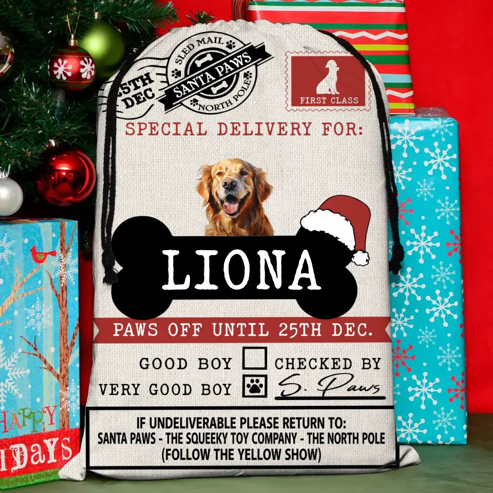 Personalized Upload Photo Santa Sack - Gift Idea For Christmas/Pet Lovers - Paws Off Until 25th Dec.