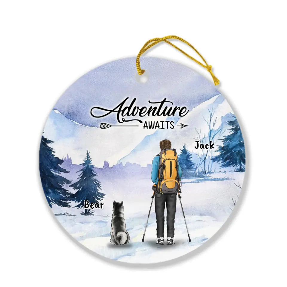 Personalized Winter Hiking Ornament - Up to 2 Dogs - Best Gift For Hiking Lover - Adventure Awaits
