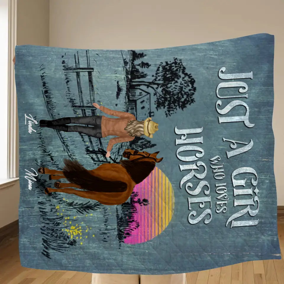 Personalized Horse Girl Quilt/Fleece Throw Blanket - Gift Idea For Girl/Horse Lovers - Up to 6 Horses - Just A Girl Who Loves Horses
