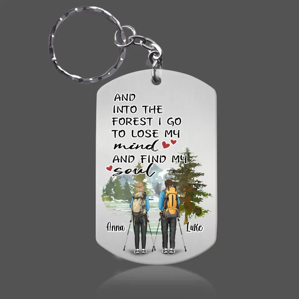 Personalized Hiking Aluminum Keychain - Adult/Couple With Up to 3 Dogs - Gift Idea For Couple/Hiking/Dog Lovers - And Into The Forest I Go To Lose My Mind And Find My Soul
