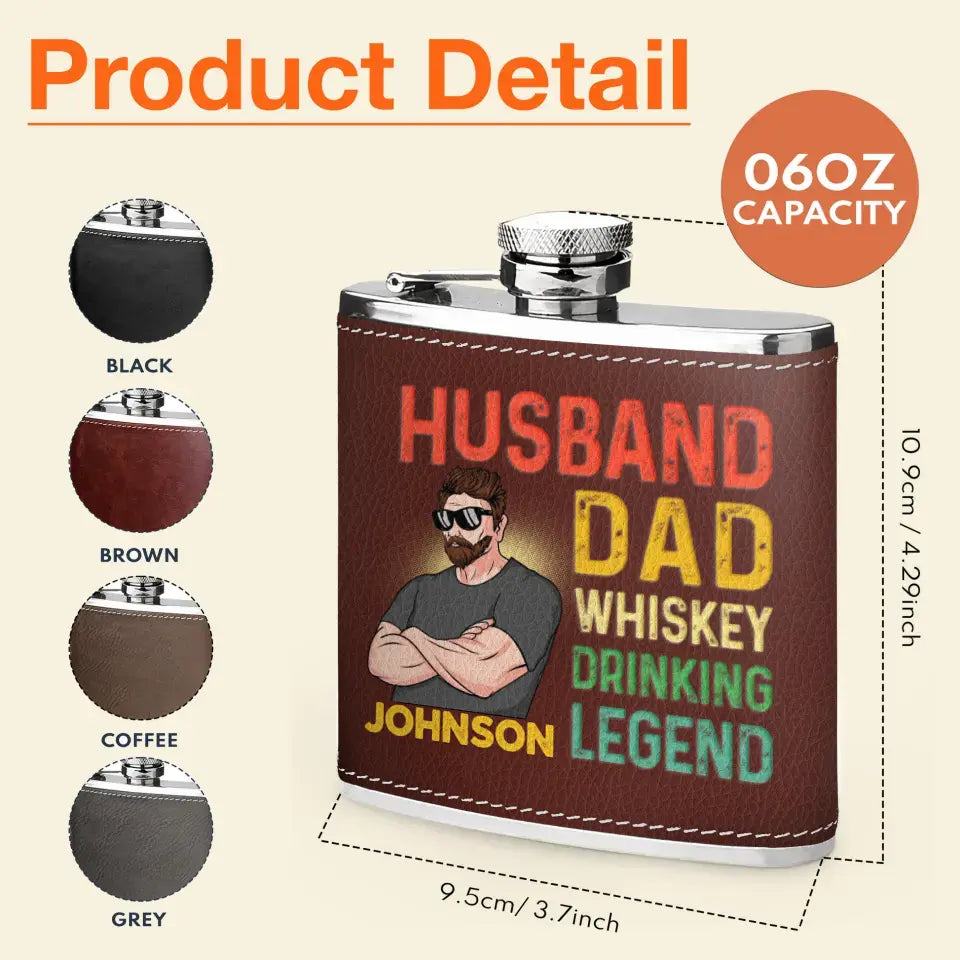 Personalized Dad Leather Flask - Father's Day Gift Idea For Dad - Husband Dad Whiskey Drinking Legend