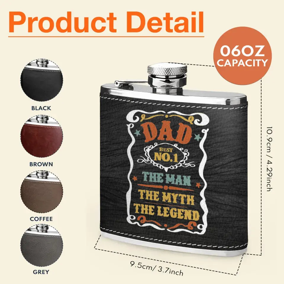 Personalized Dad Leather Flask - Up to 5 Kids - Father's Day Gift Idea for Dad - The Man The Myth The Legend