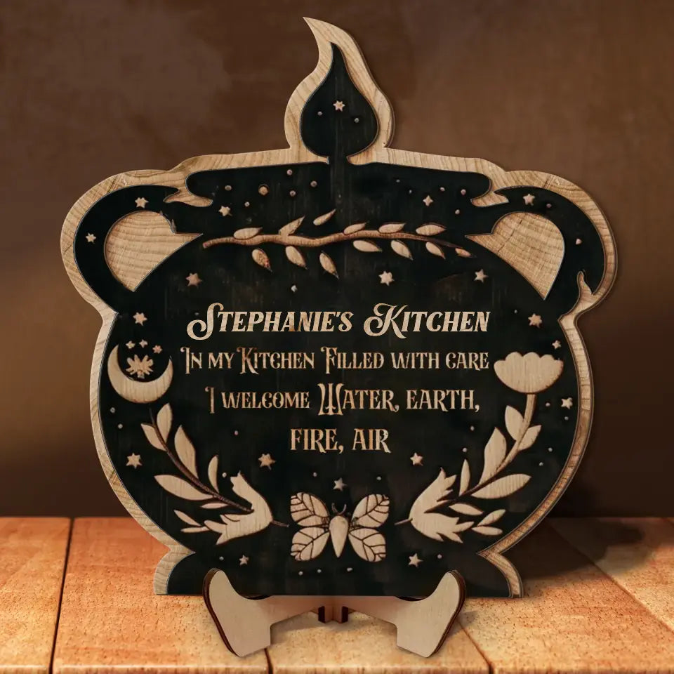Personalized Kitchen 2 Layered Wooden Art - Gift Idea for Witch/Wicca Decor/Pagan Decor - In My Kitchen Filled With Care I Welcome Water Earth Fire Air