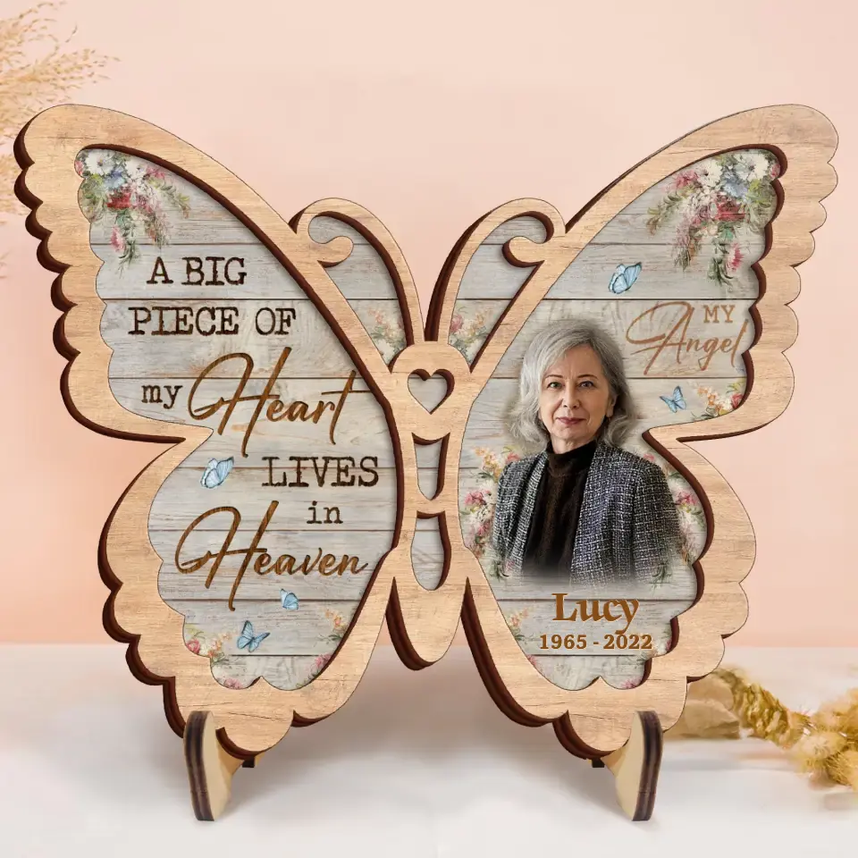 Personalized Memorial Butterfly 2 Layers Wooden Art - Upload Photo - Sympathy Gift For Loss Of Family Member - A Big Piece Of My Heart Lives In Heaven