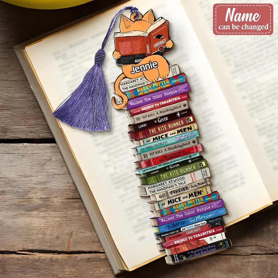 Personalized Cat Reads Books Wooden Bookmark - Gift Idea For Book Lover