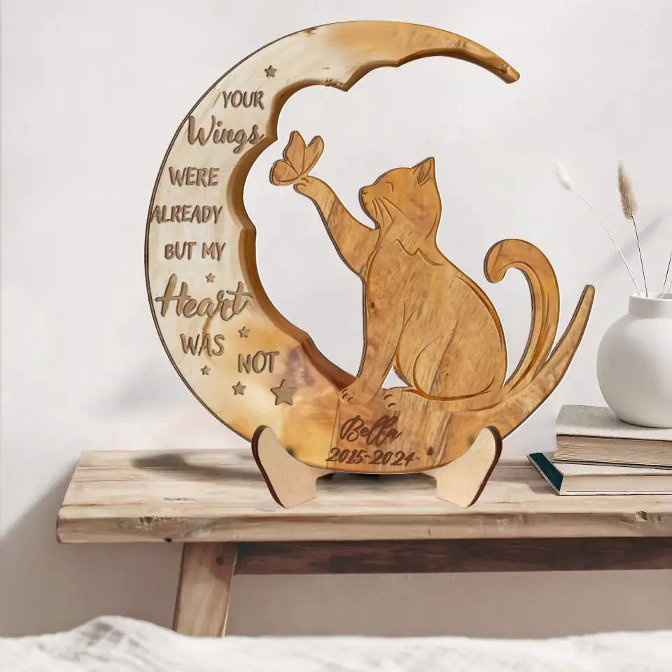 Personalized Cat Moon Wooden Art - Memorial Gift Idea - I Love You To The Moon And Back