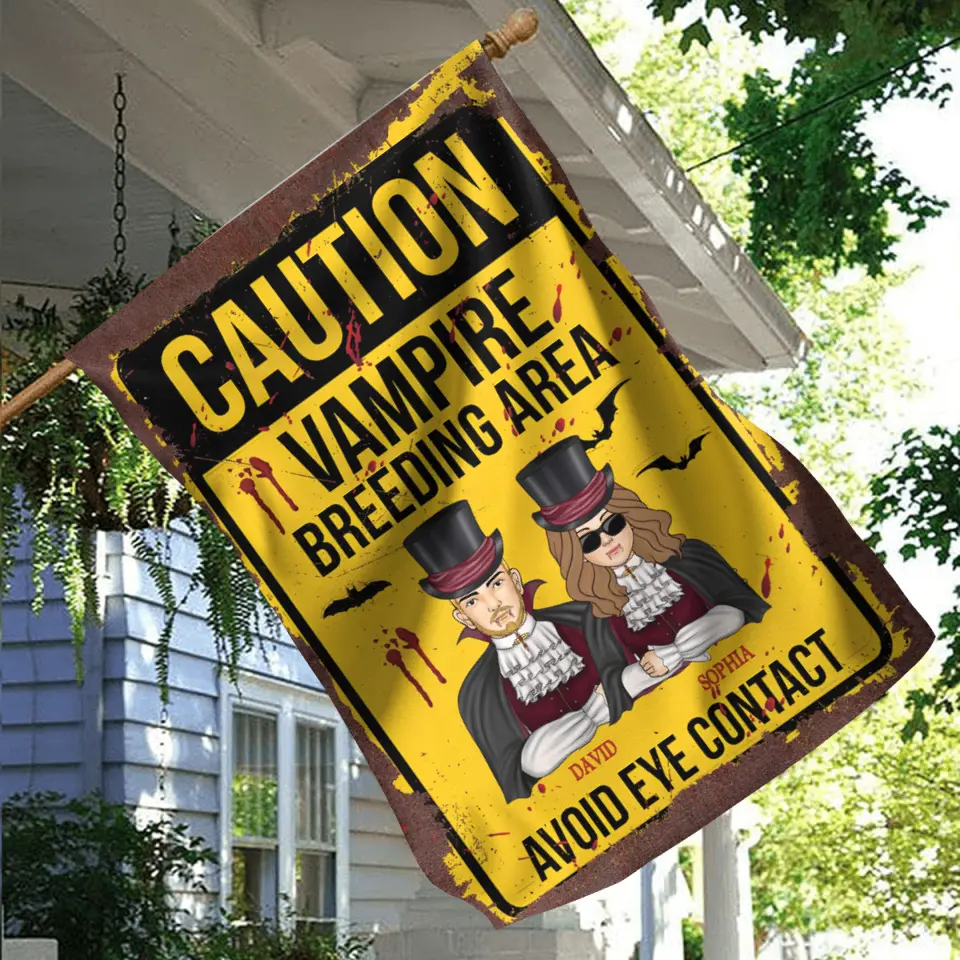 Personalized Vampire Flag sign - Funny Gift Idea For Couple/Family - Up to 2 Kids - Caution Vampire Breeding Area Avoid Eye Contact