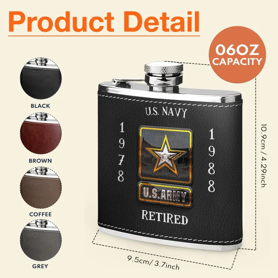 Personalized Retired Veteran Leather Flask - Father's Day Gift Idea for Veteran