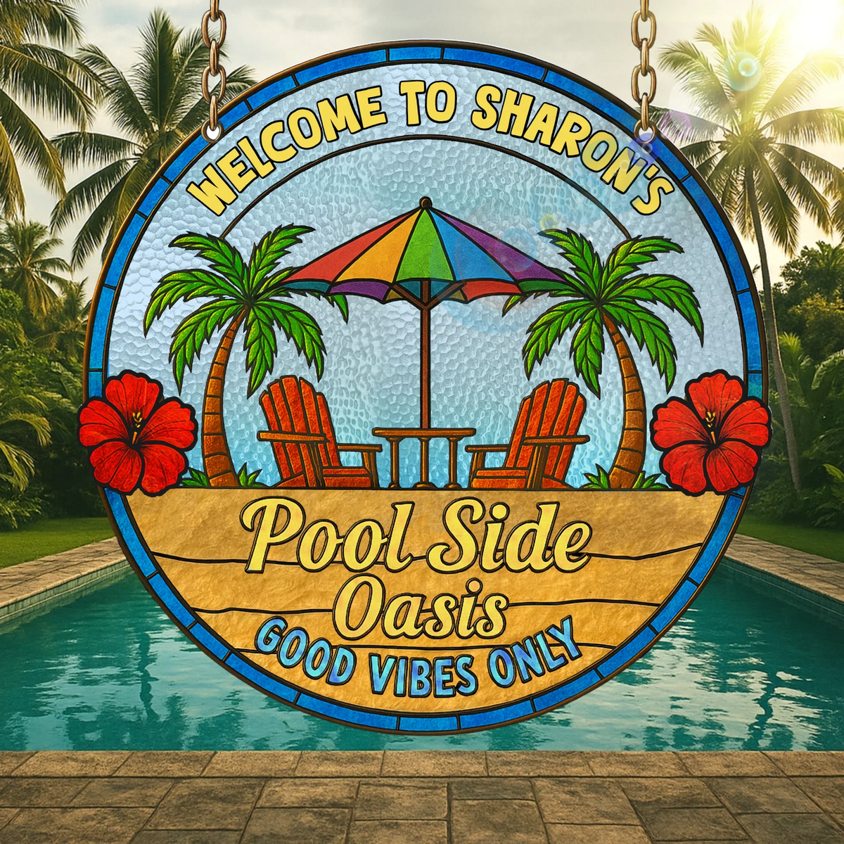 Personalized Poolside Oasis Acrylic Suncatcher - Summer Gift Idea - Pool & Bar